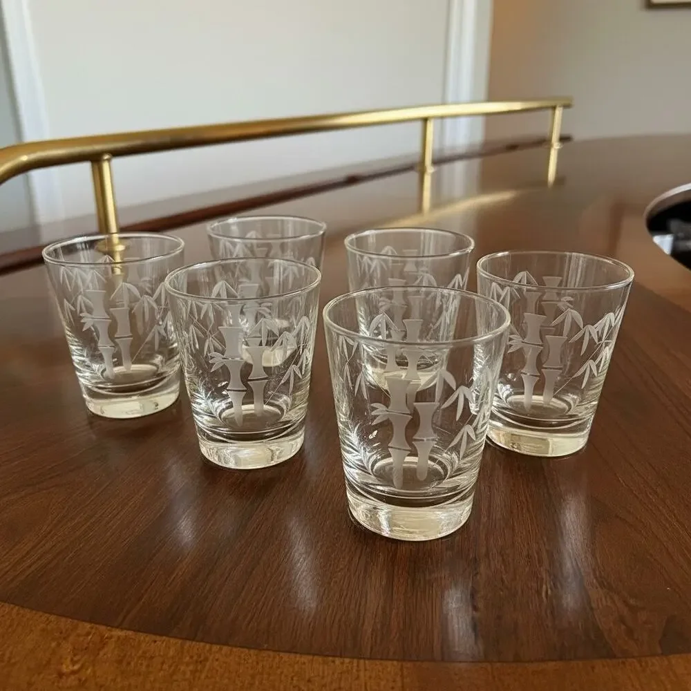 Vintage Sasaki Noritake Bamboo Etched Rocks Glasses Set 6-MCM-Japan-Barware